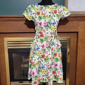 Lady Vintage Dress Butterfly Monstera Leaf Flower Print Cotton Sash Belt Size Sm